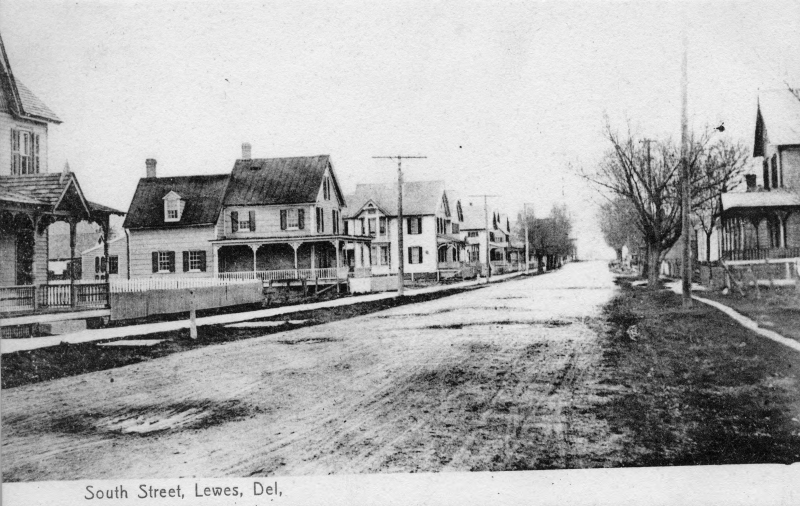 In addition to being known as State Street, Savannah Road was also known as South Street in the early 20th century. In this undated image, the viewer is looking down South Street toward Second Street. The photographer would’ve been standing in front of Honey’s Farm Fresh today. The partially seen home to the left still stands today, as does the third home on the left. The structure in the middle is lost to time. SOURCE: DELAWARE PUBLIC ARCHIVES